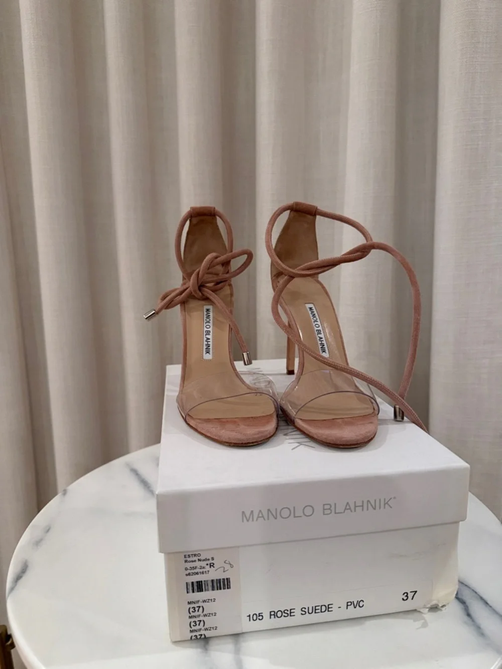 Manolo Blahnik Tan Suede & Clear PVC Ankle-Tie Sandals - Picture 7 of 8